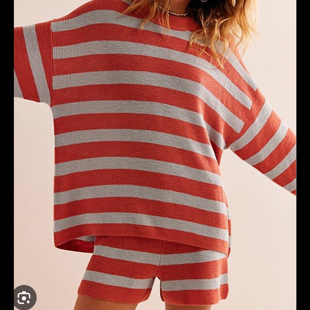 Free People Coral and Light Gray Striped Scoop Neck Sweater